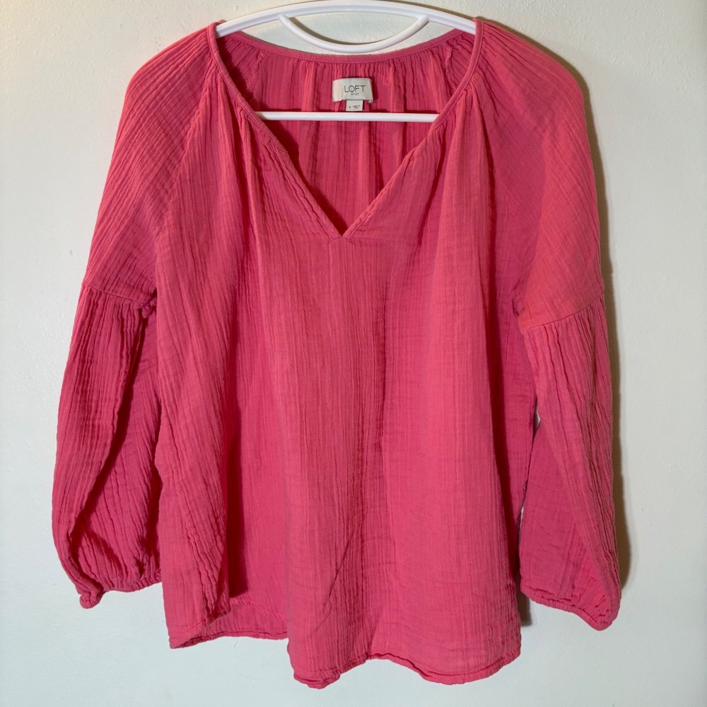 Loft Pink Gauze Cotton V-Neck Blouse Size Small